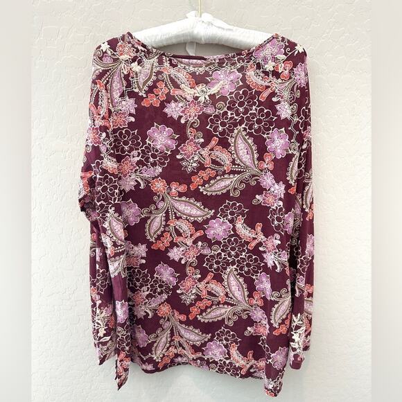 EDDIE BAUER Floral Paisley Embroidered Burgundy Boho Peasant Tunic Cotton Large - Picture 5 of 7